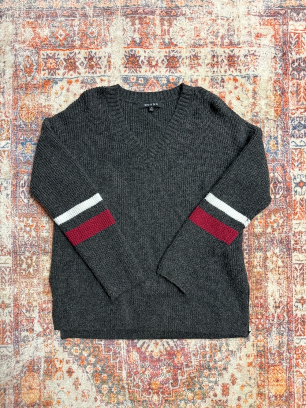 Strut & Bolt Charcoal V-Neck Sweater Stripe Sleeve Stitch Fix Medium